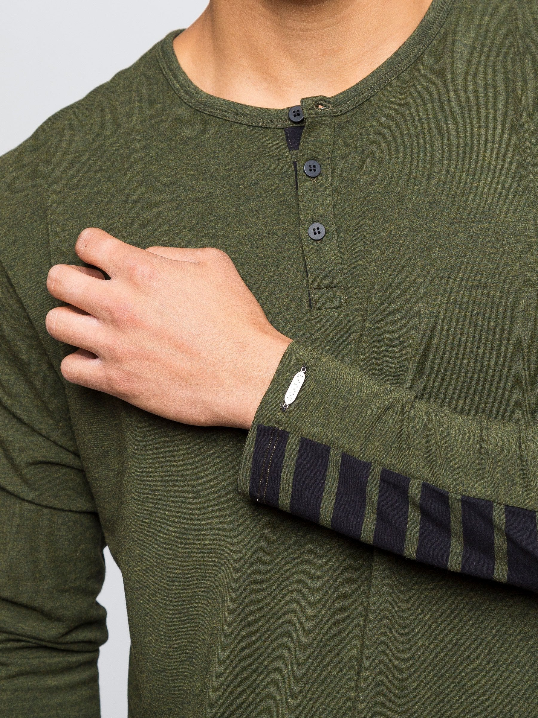 Two Blind Brothers - Mens Men's Long Sleeve Striped Henley Forest-and-Black-Stripe