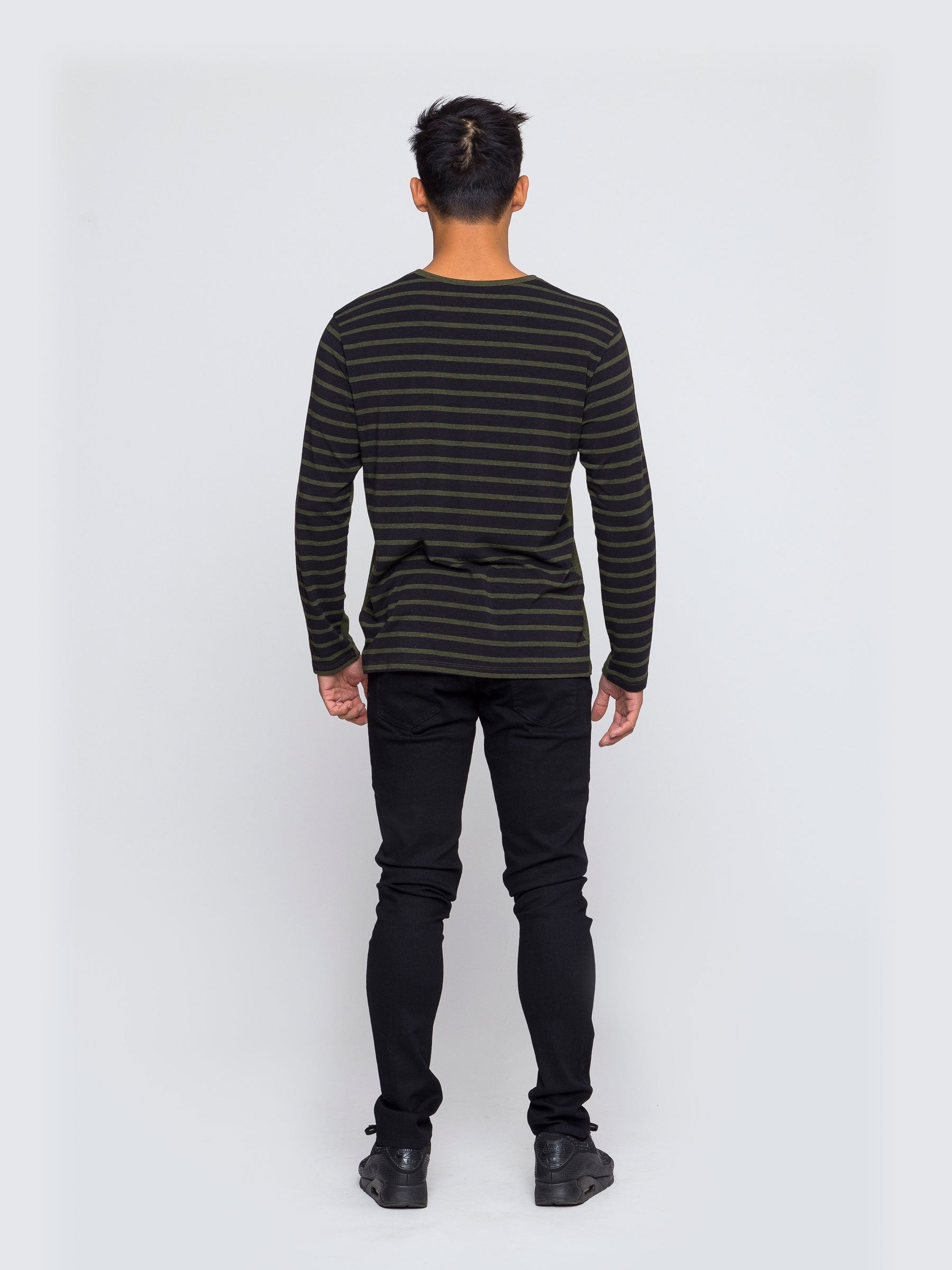 Two Blind Brothers - Mens Men's Long Sleeve Striped Henley Forest-and-Black-Stripe