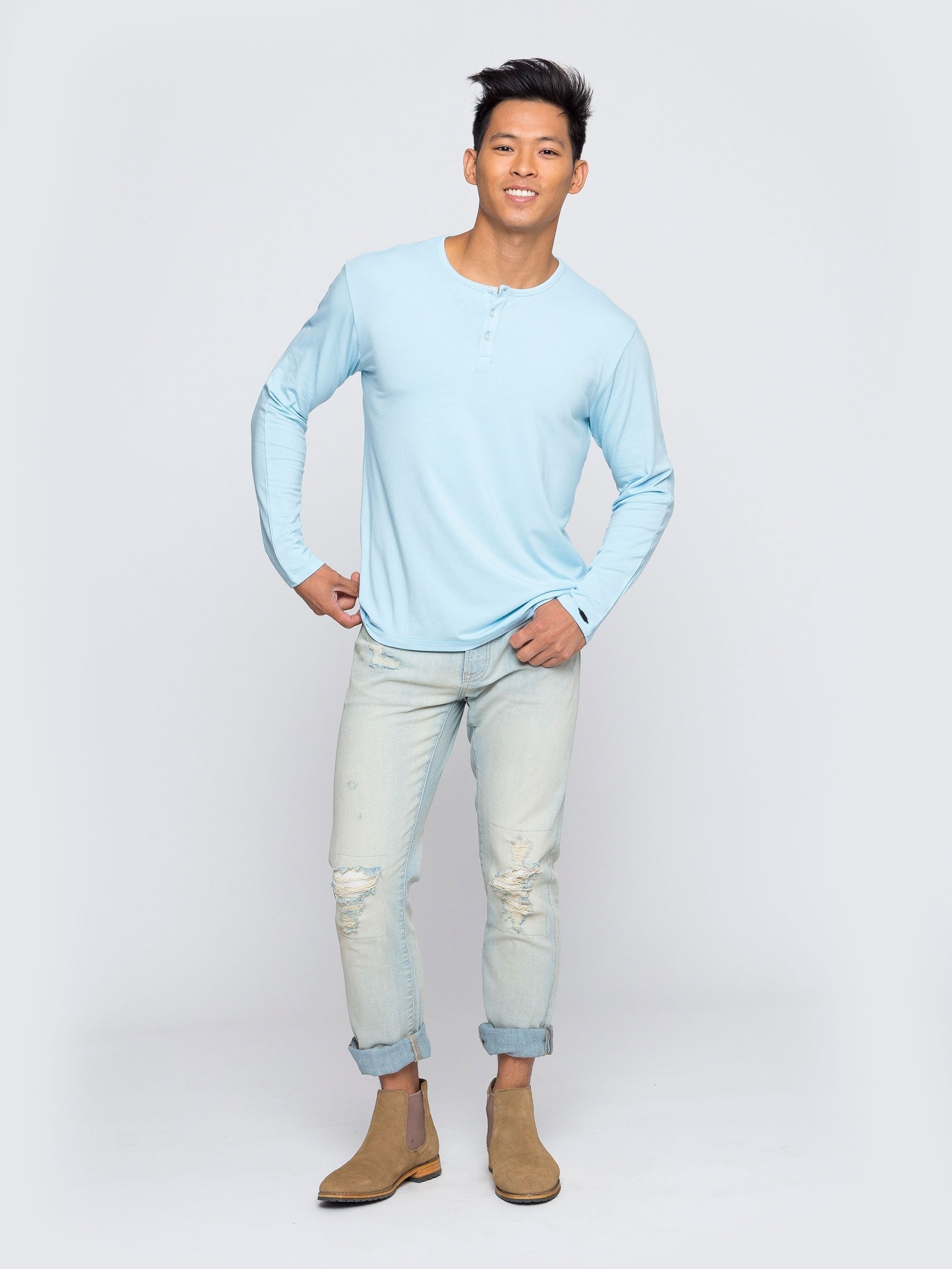 Two Blind Brothers - Mens Men's Long Sleeve Striped Henley Light-Blue