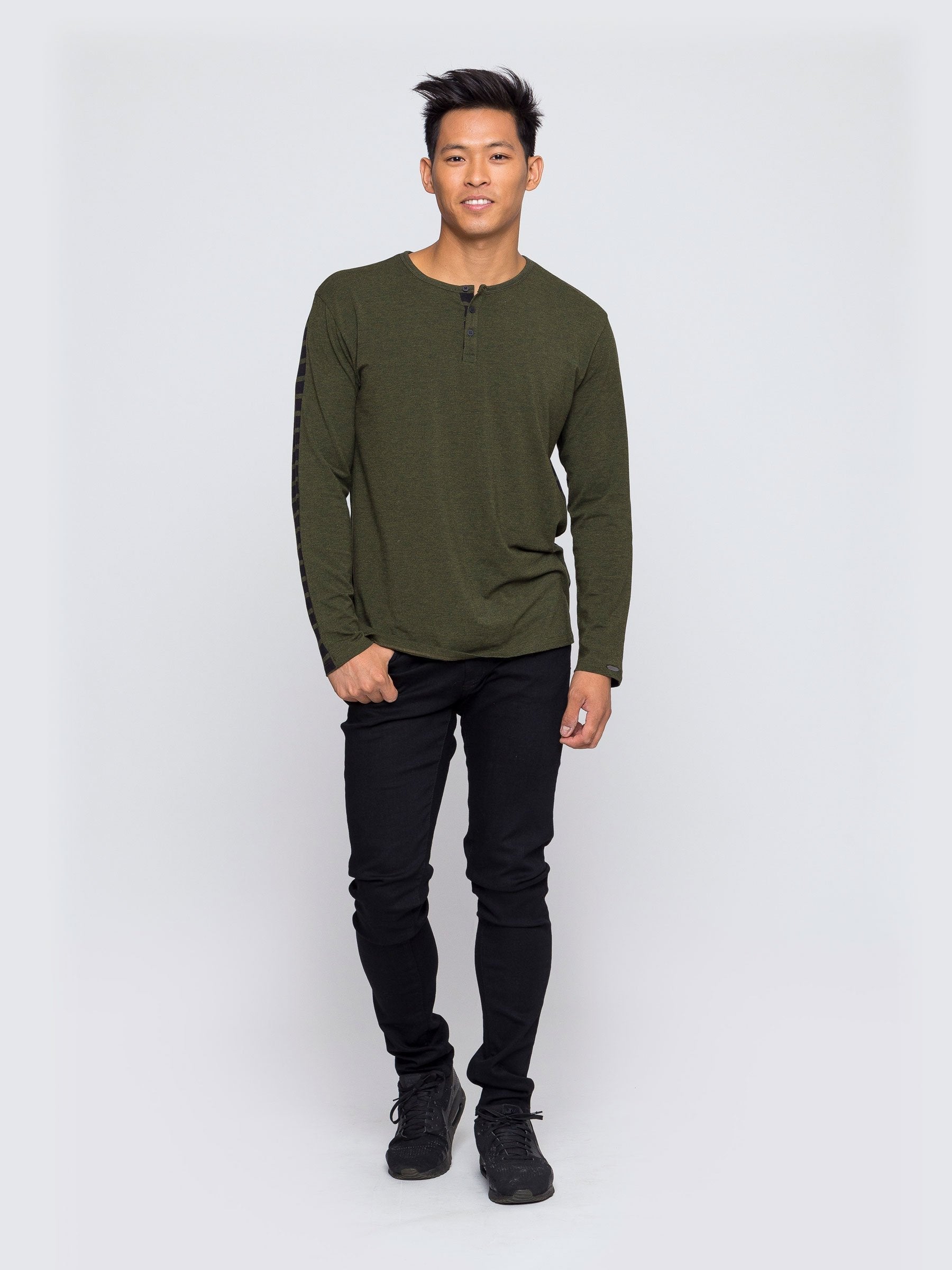 Two Blind Brothers - Mens Men's Long Sleeve Striped Henley Forest-and-Black-Stripe