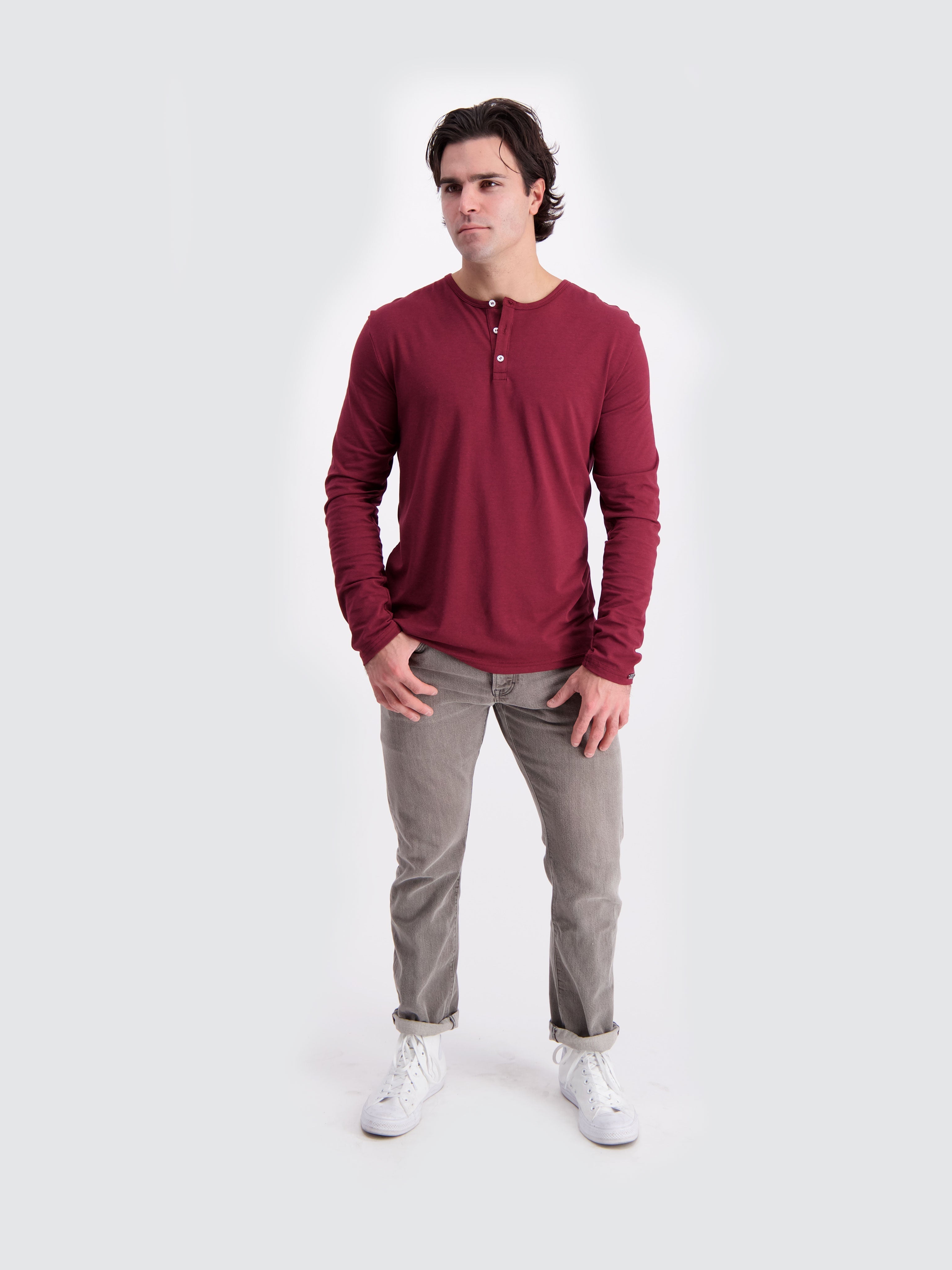 Two Blind Brothers - Mens Men's Long Sleeve Striped Henley Maroon