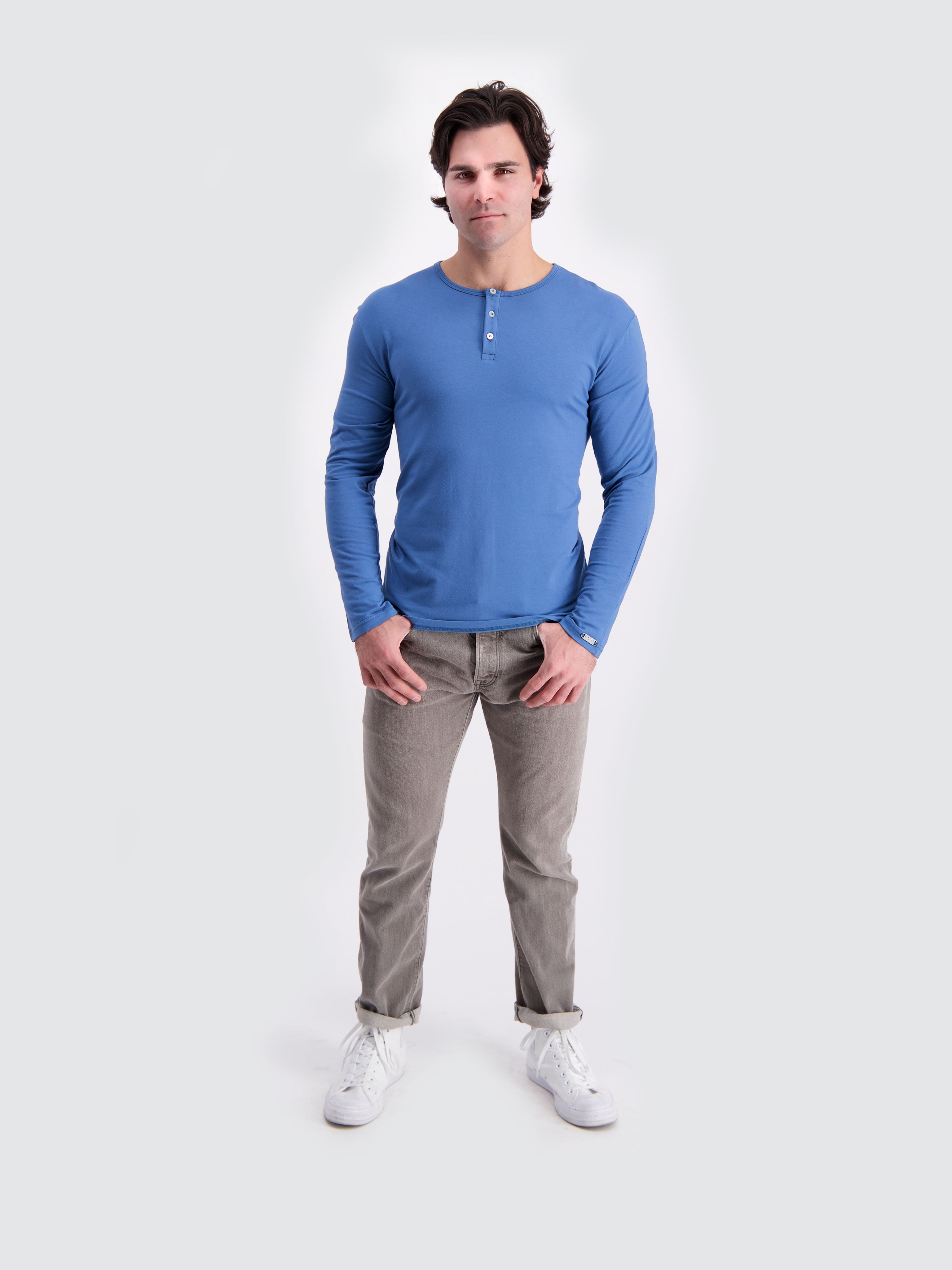 Two Blind Brothers - Mens Men's Long Sleeve Striped Henley Blue