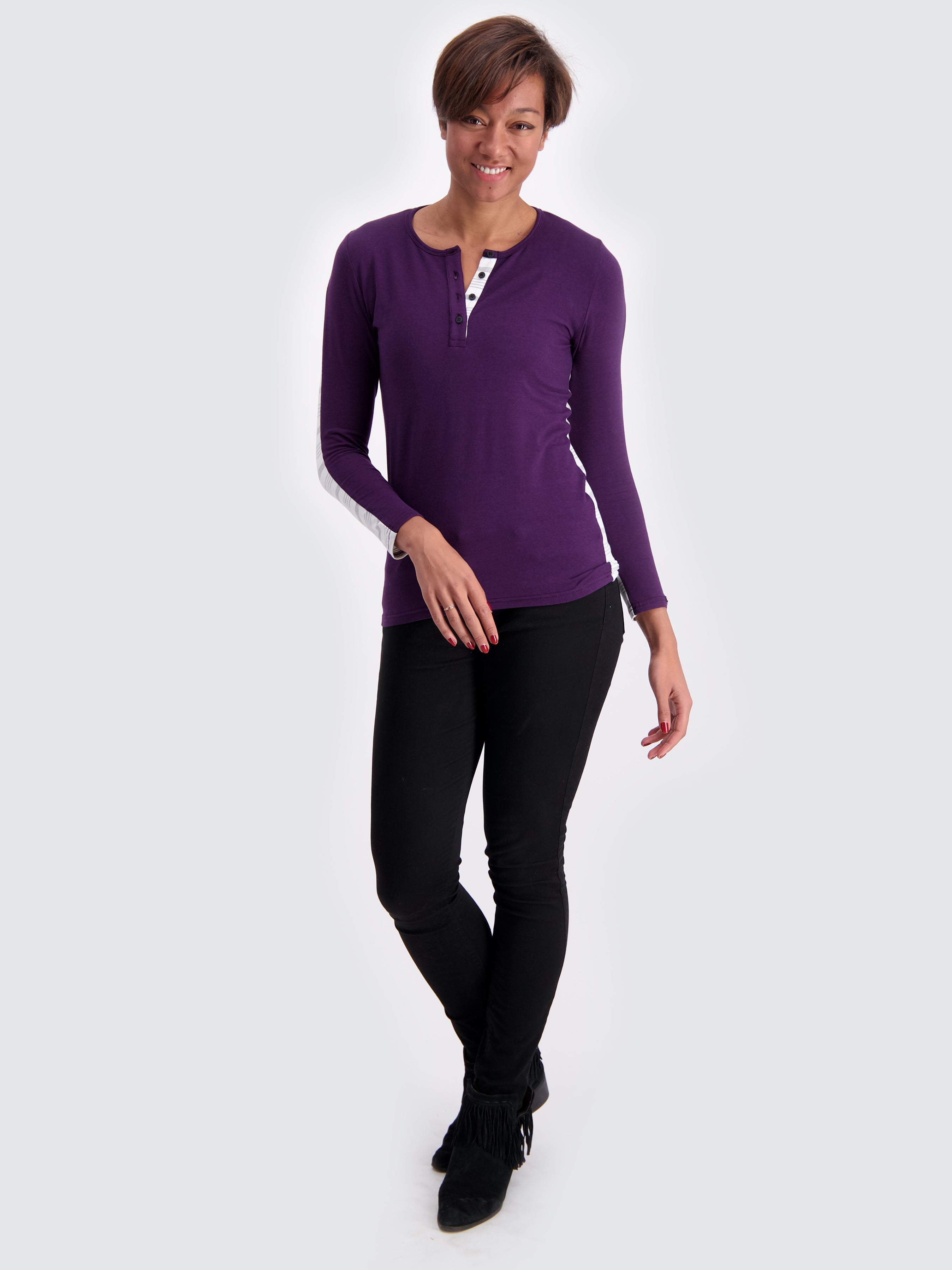 Two Blind Brothers - Womens Women's Long Sleeve Striped Henley Plum-and-Grey-Stripe