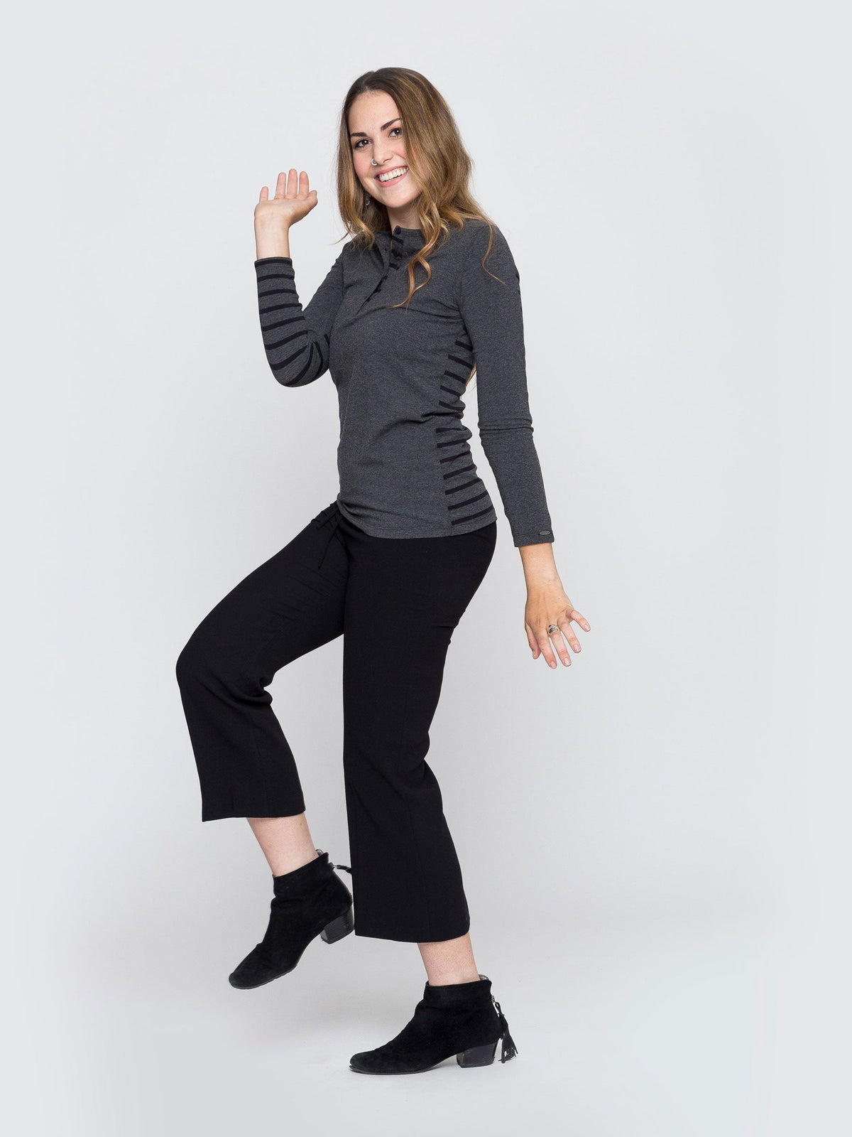 Two Blind Brothers - Womens Women's Long Sleeve Striped Henley Charcoal-and-Black-Stripe