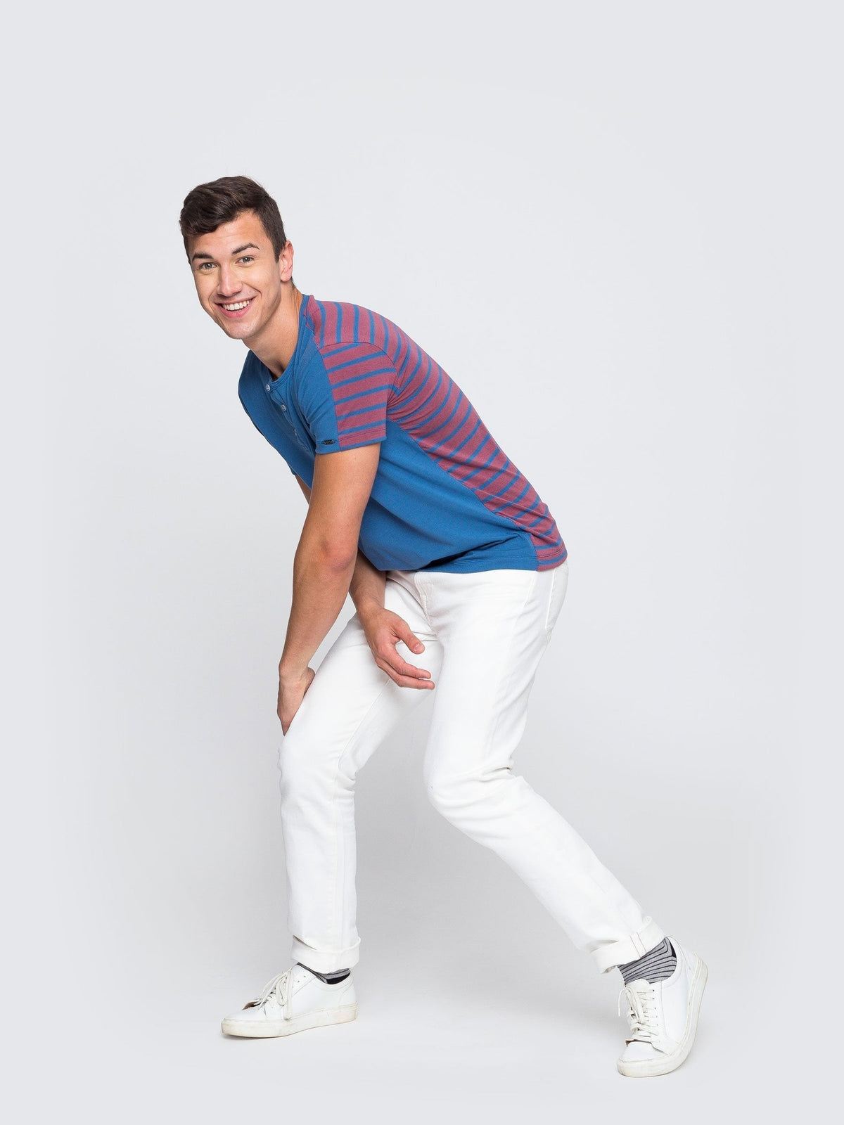 Two Blind Brothers - Mens Men's SS Henley Striped Blue-and-Rose-Stripe