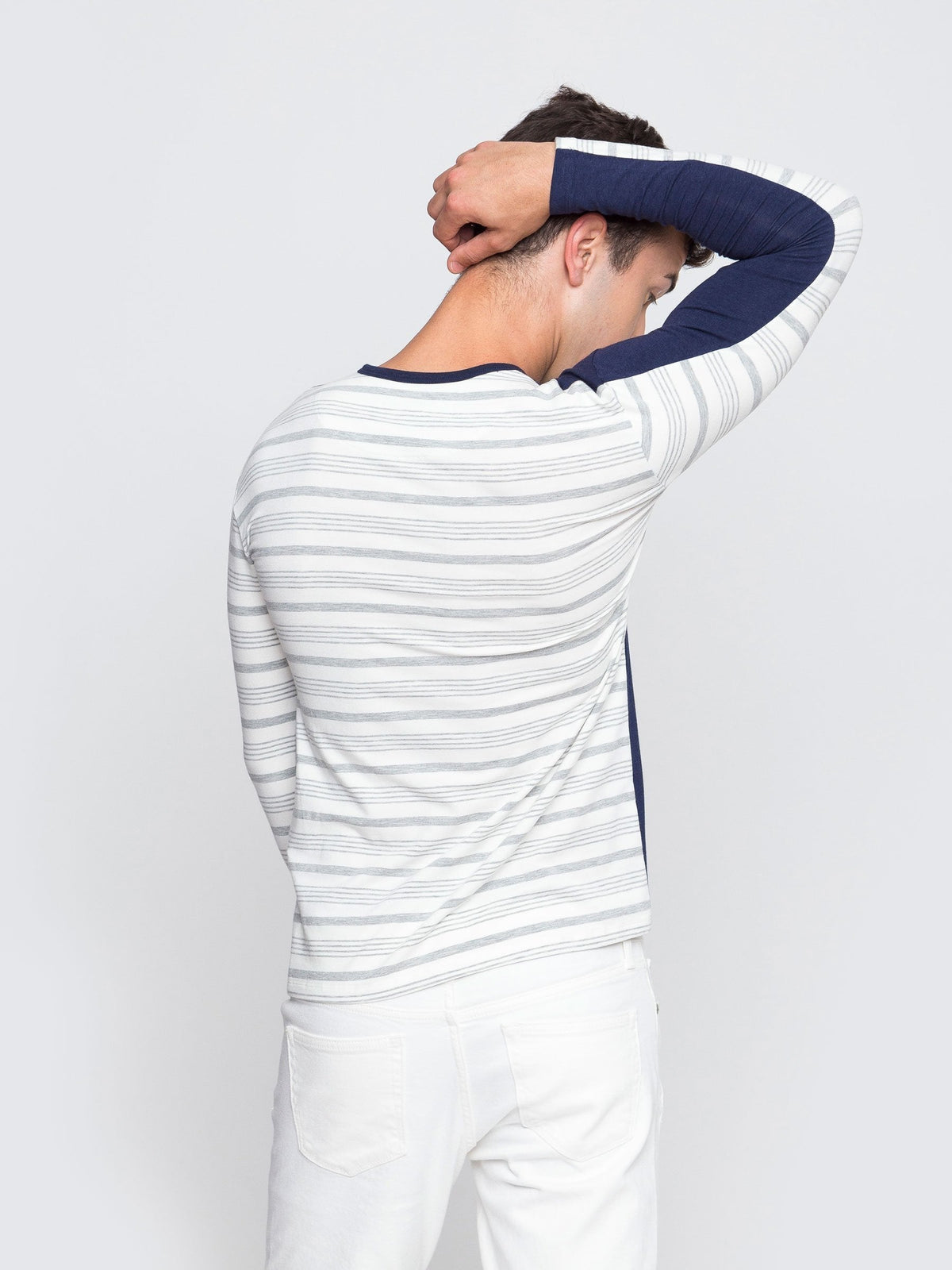 Two Blind Brothers - Mens Men's Long Sleeve Striped Henley Navy-and-Grey-Stripe