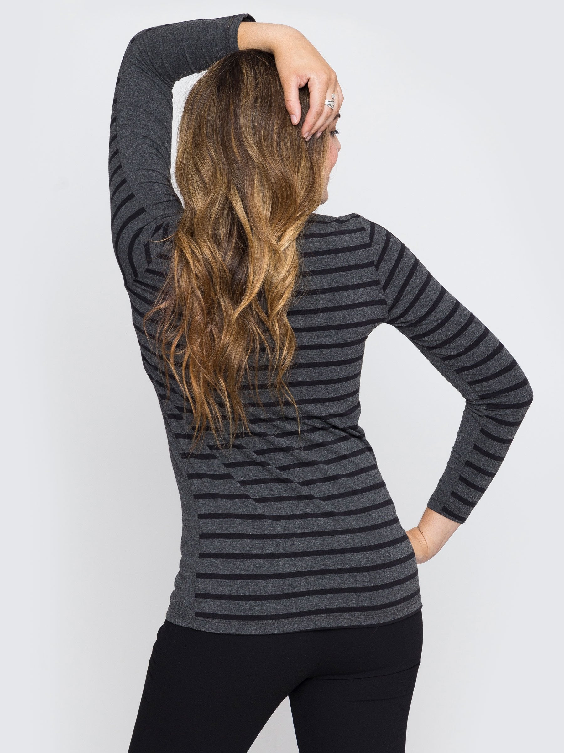 Two Blind Brothers - Womens Women's Long Sleeve Striped Henley Charcoal-and-Black-Stripe