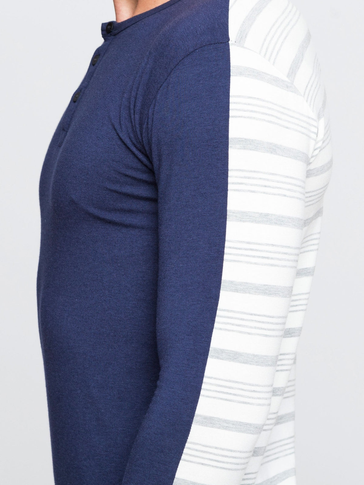 Two Blind Brothers - Mens Men's Long Sleeve Striped Henley Navy-and-Grey-Stripe