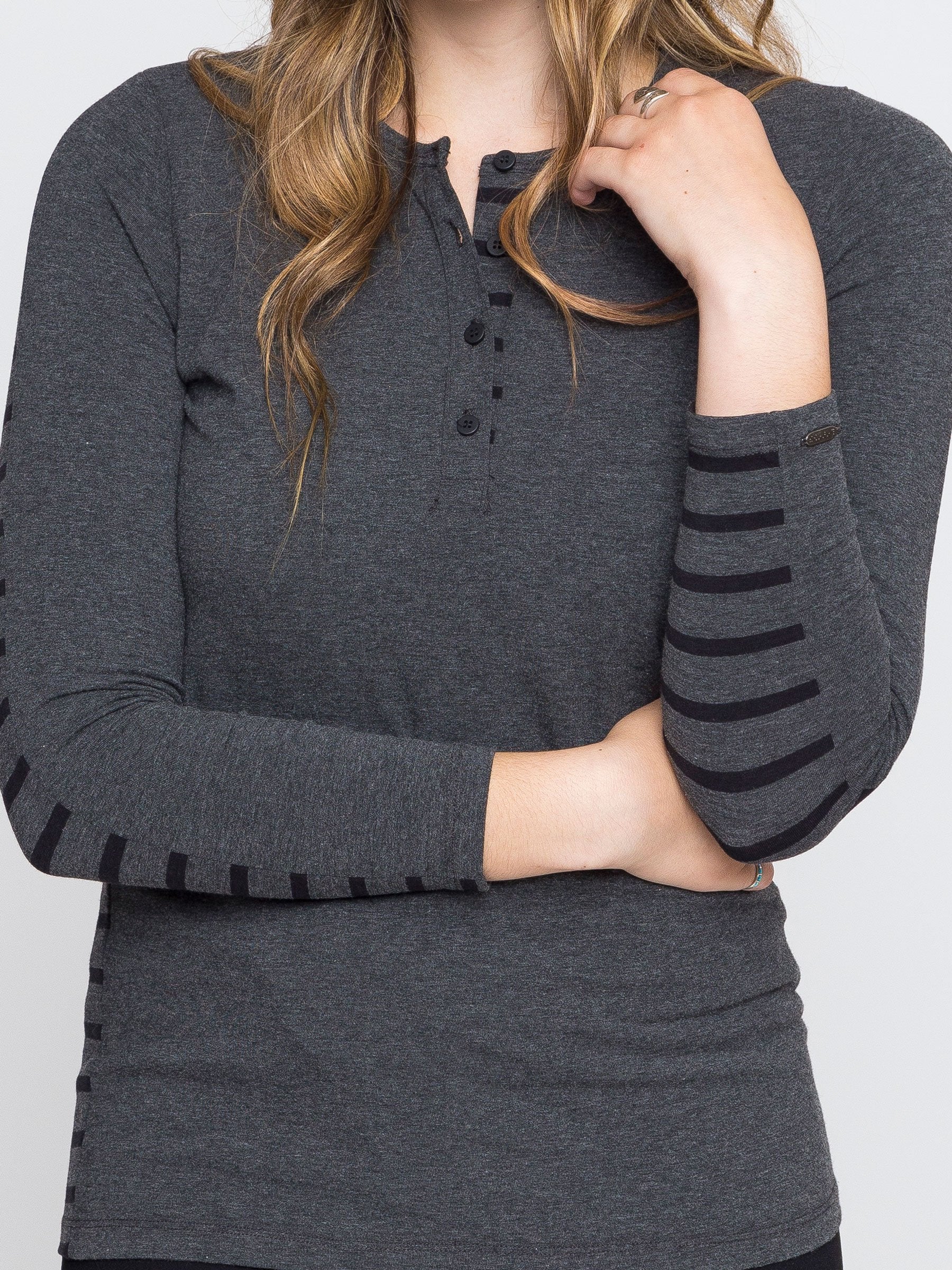 Two Blind Brothers - Womens Women's Long Sleeve Striped Henley Charcoal-and-Black-Stripe-
