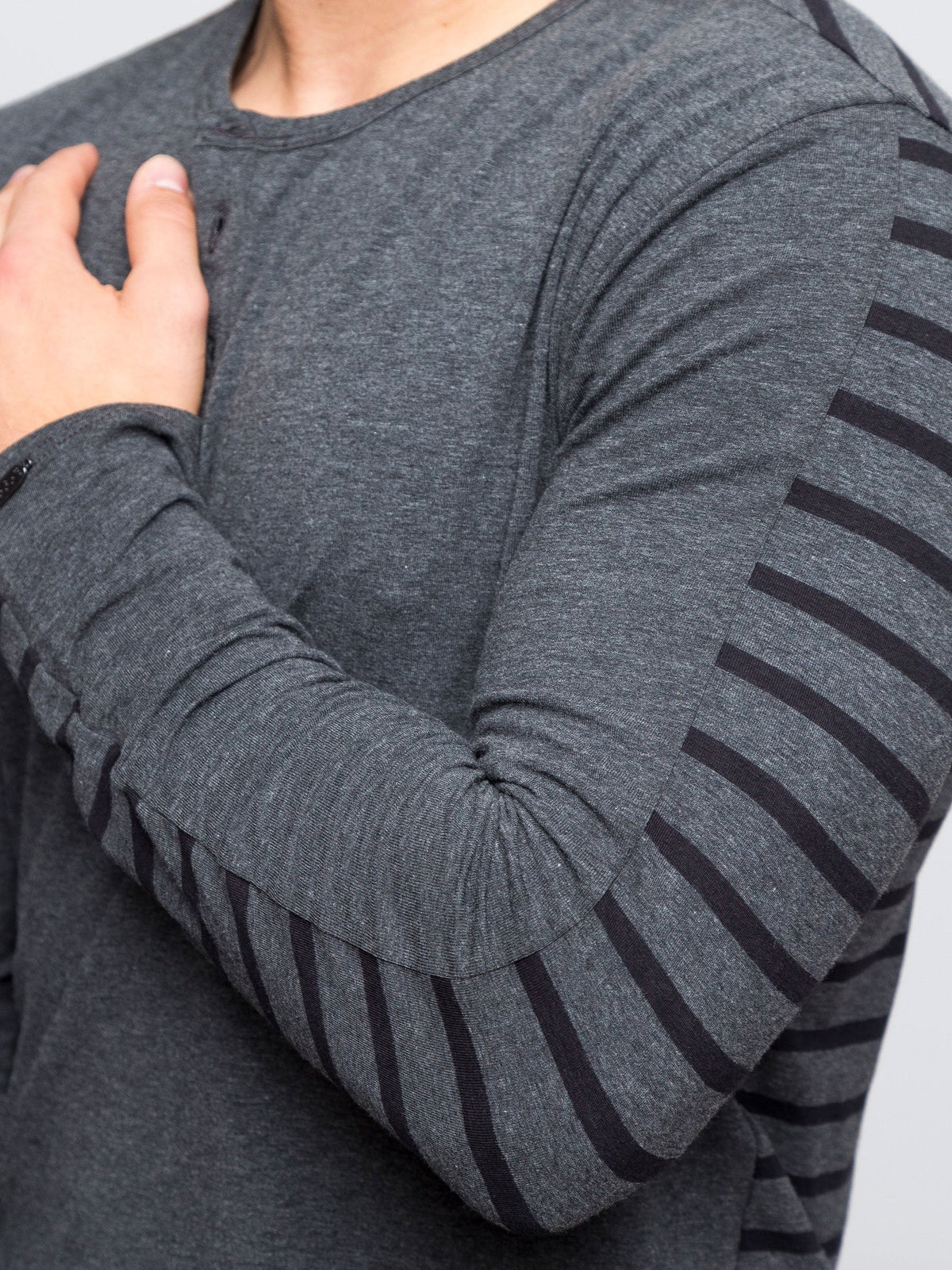 Two Blind Brothers - Mens Men's Long Sleeve Striped Henley Charcoal-and-Black-Stripe