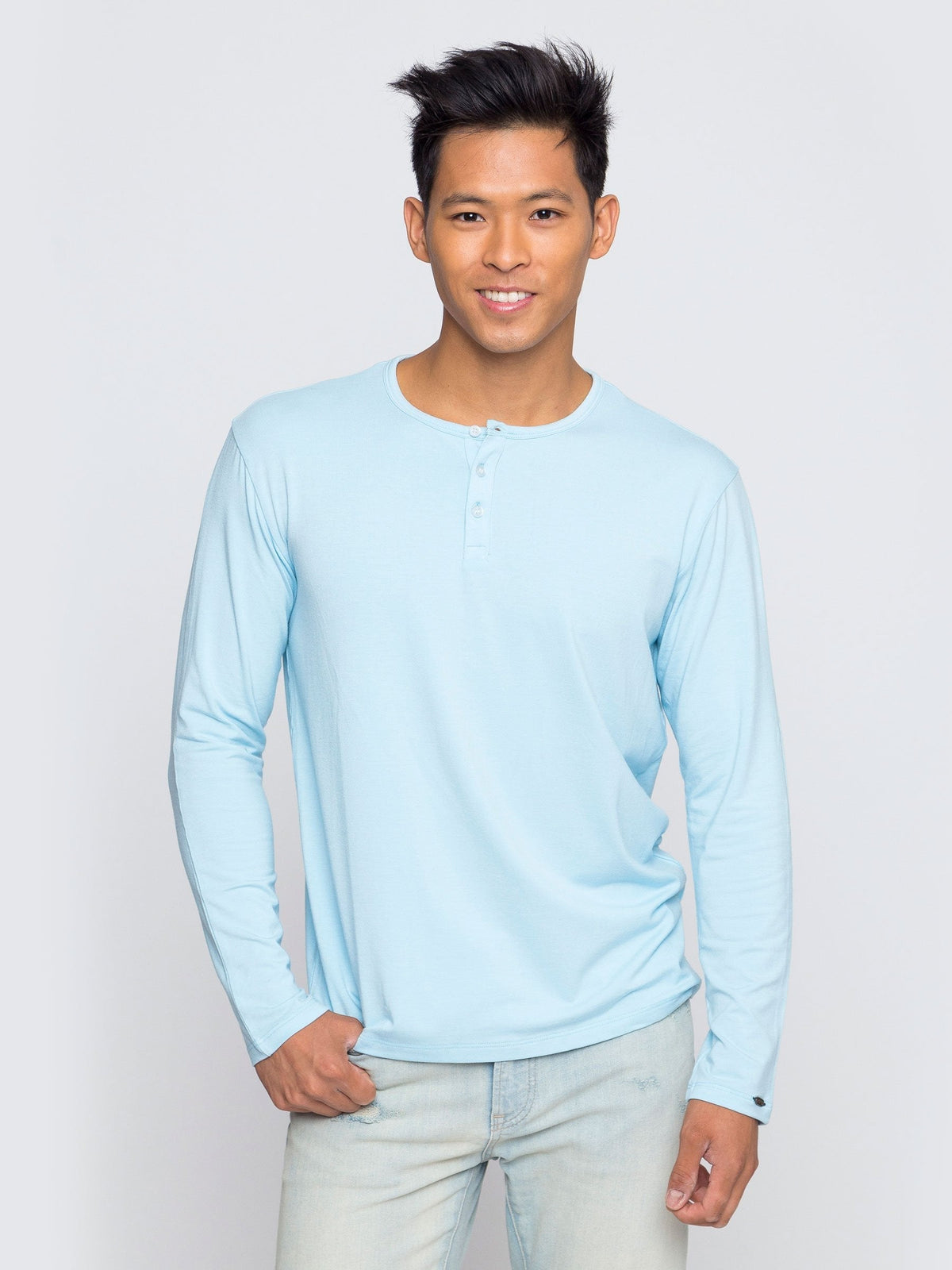 Two Blind Brothers - Mens Men's Long Sleeve Striped Henley Light-Blue