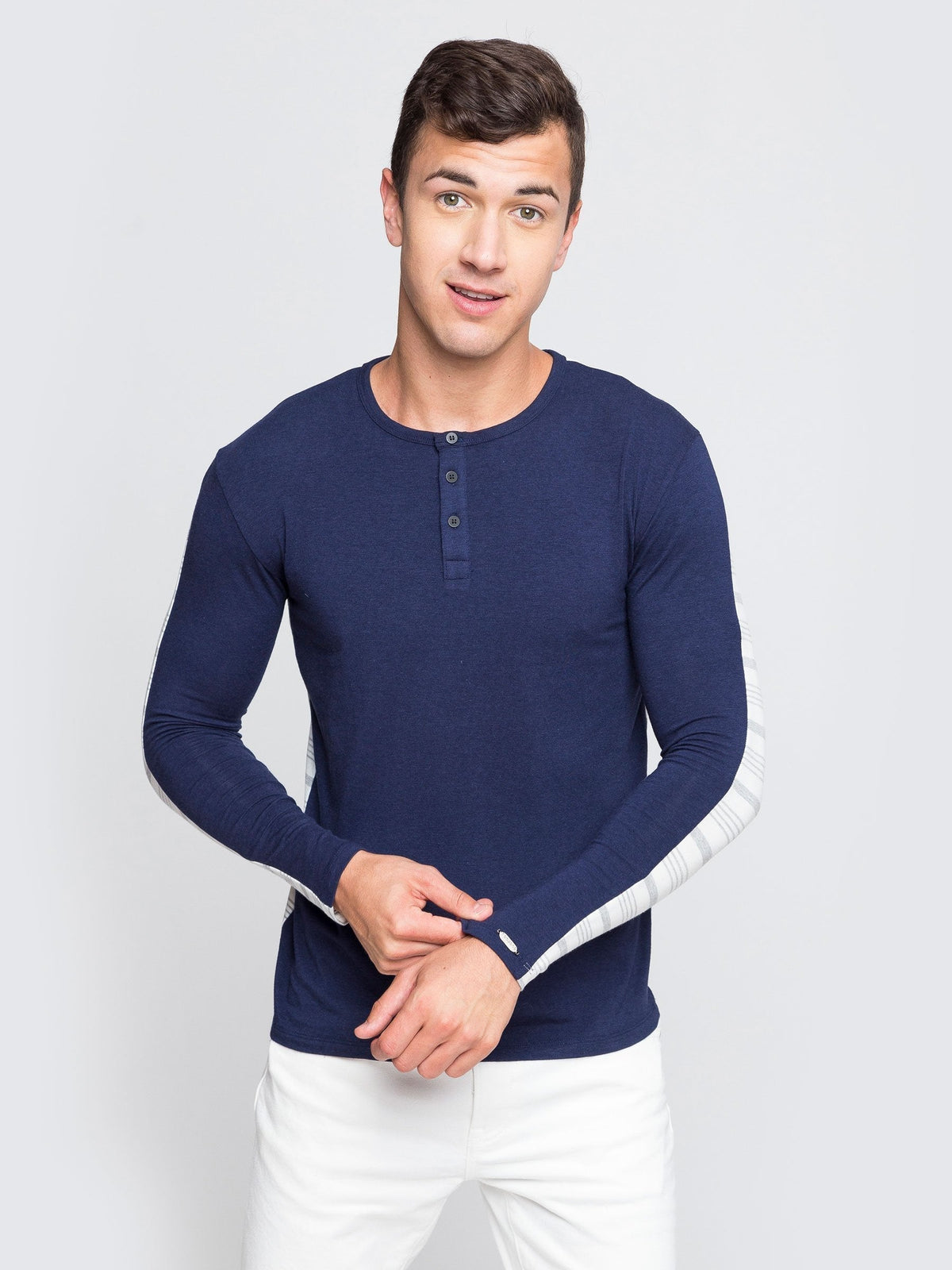 Two Blind Brothers - Mens Men's Long Sleeve Striped Henley Navy-and-Grey-Stripe