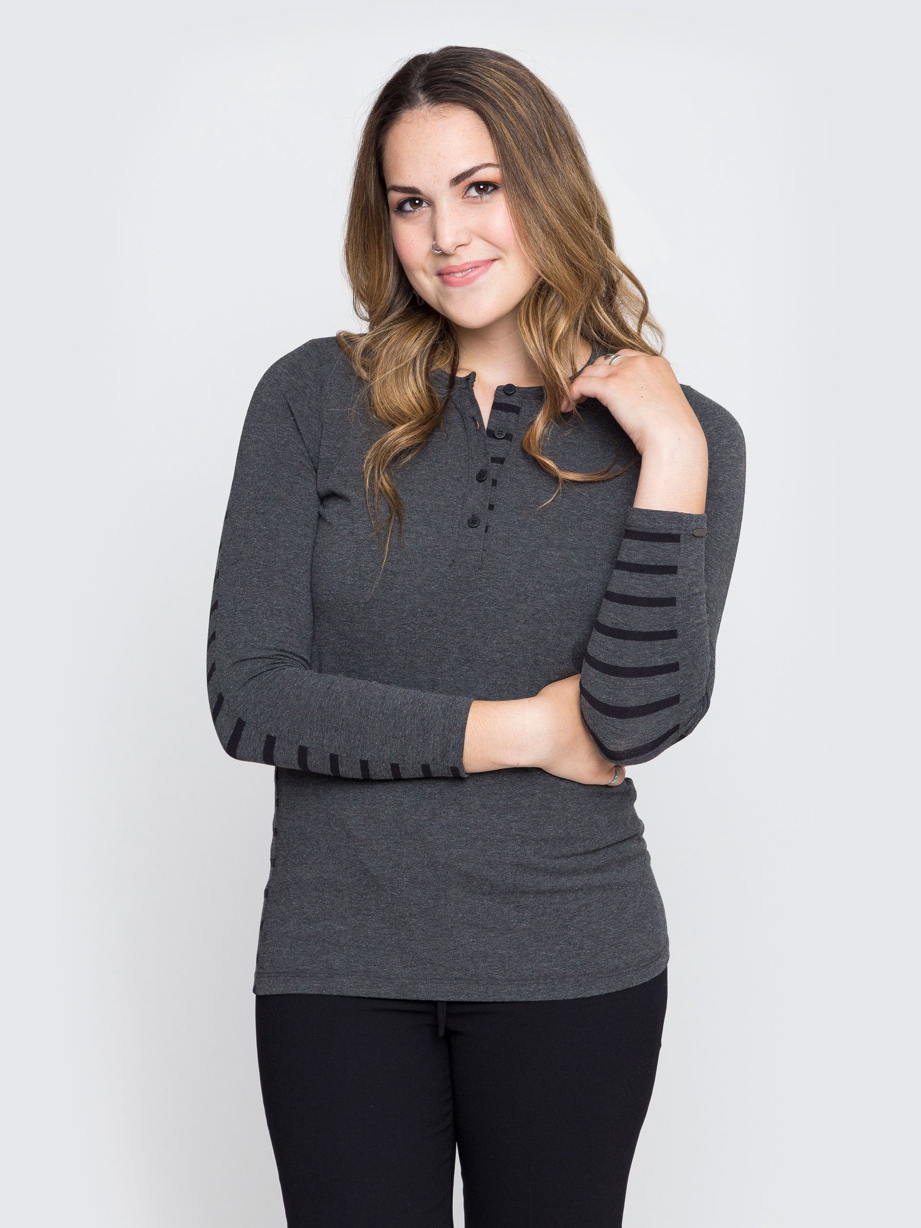 Two Blind Brothers - Womens Women's Long Sleeve Striped Henley Charcoal-and-Black-Stripe