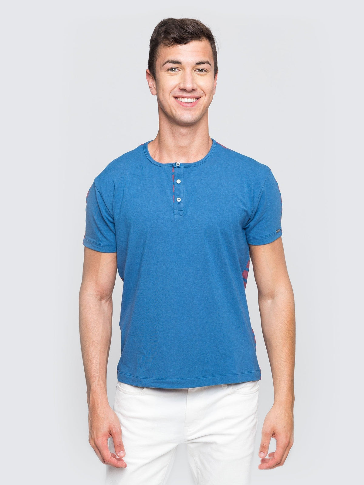 Two Blind Brothers - Mens Men's SS Henley Striped Blue-and-Rose-Stripe