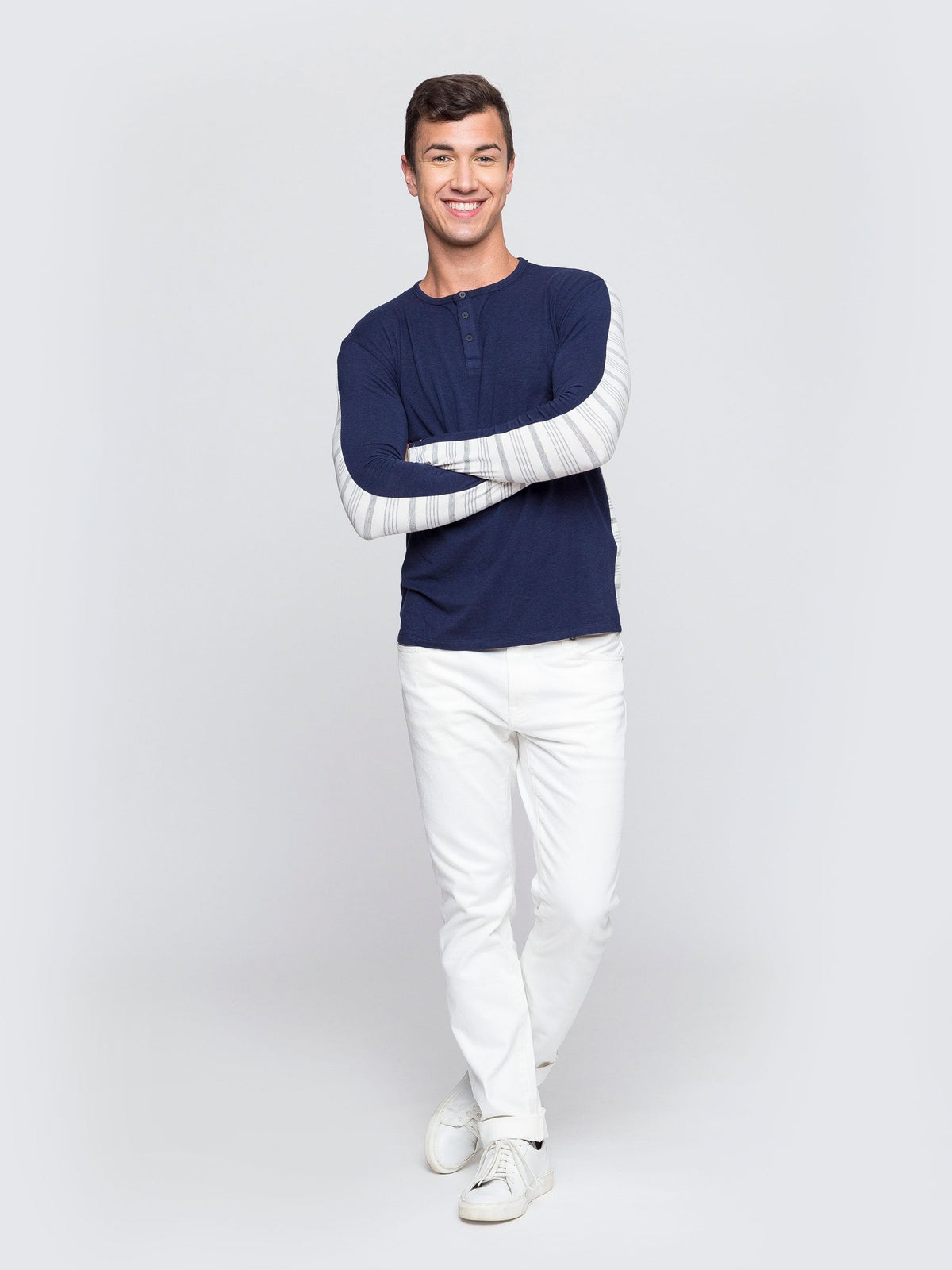 Two Blind Brothers - Mens Men's Long Sleeve Striped Henley Navy-and-Grey-Stripe