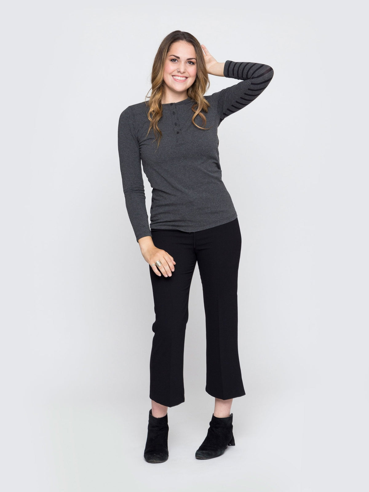 Two Blind Brothers - Womens Women's Long Sleeve Striped Henley Charcoal-and-Black-Stripe