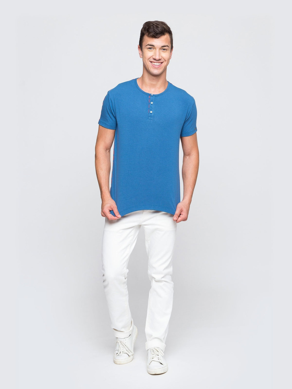 Two Blind Brothers - Mens Men's SS Henley Striped Blue-and-Rose-Stripe