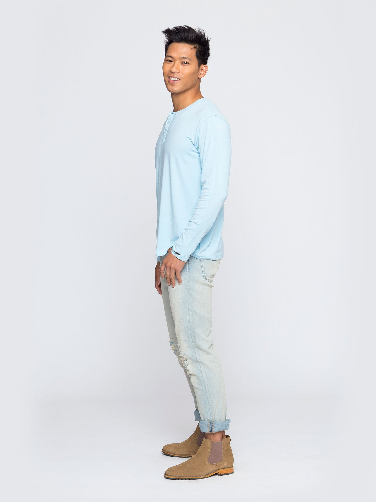 Two Blind Brothers - Mens Men's Long Sleeve Solid Henley Light-Blue
