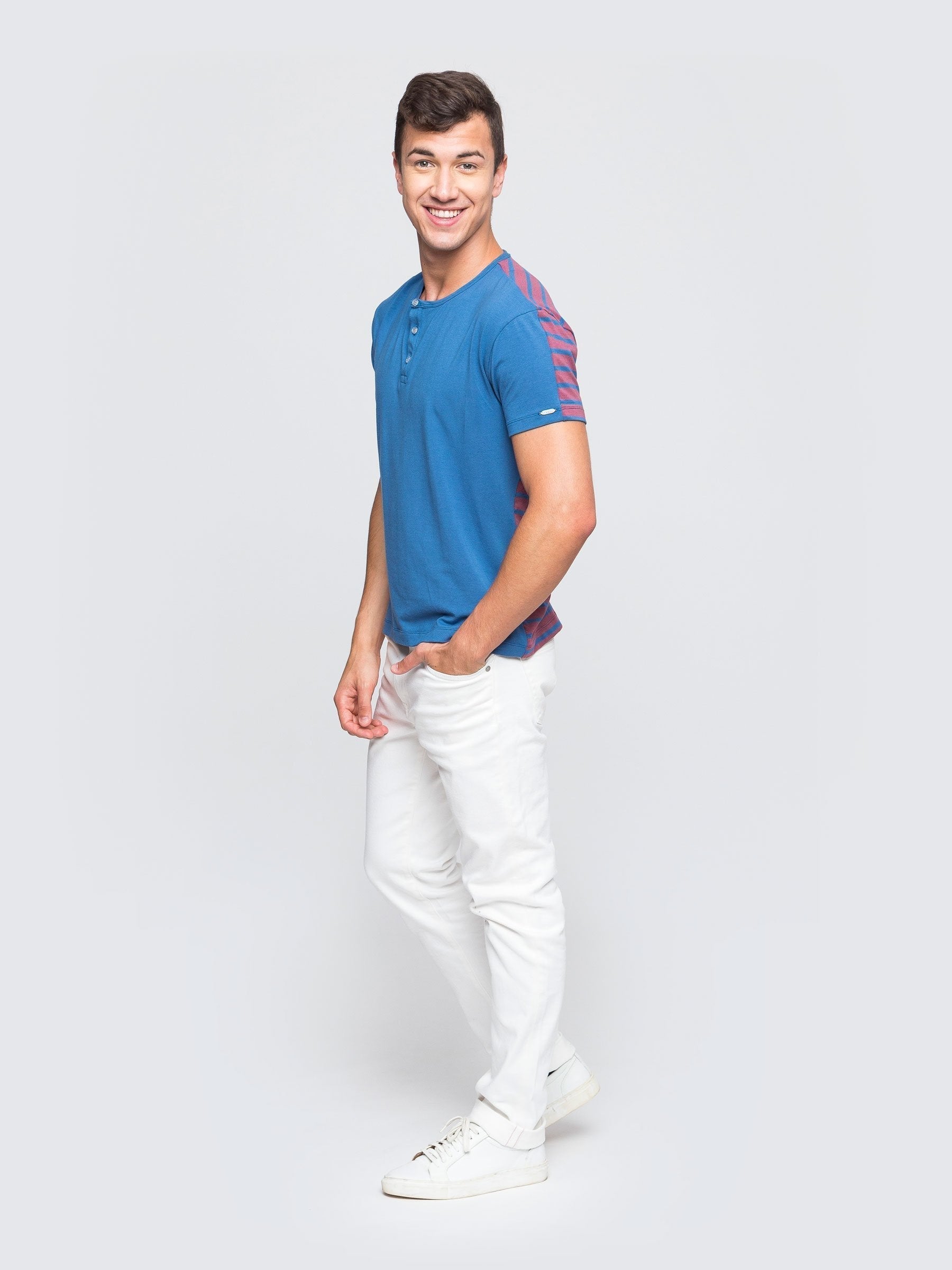 Two Blind Brothers - Mens Men's SS Henley Striped Blue-and-Rose-Stripe