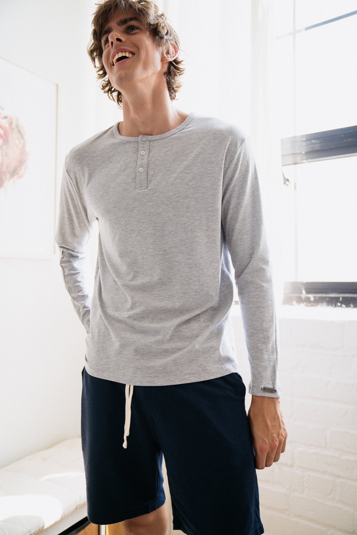 Two Blind Brothers - Mens Men's Long Sleeve Henley Light-Grey