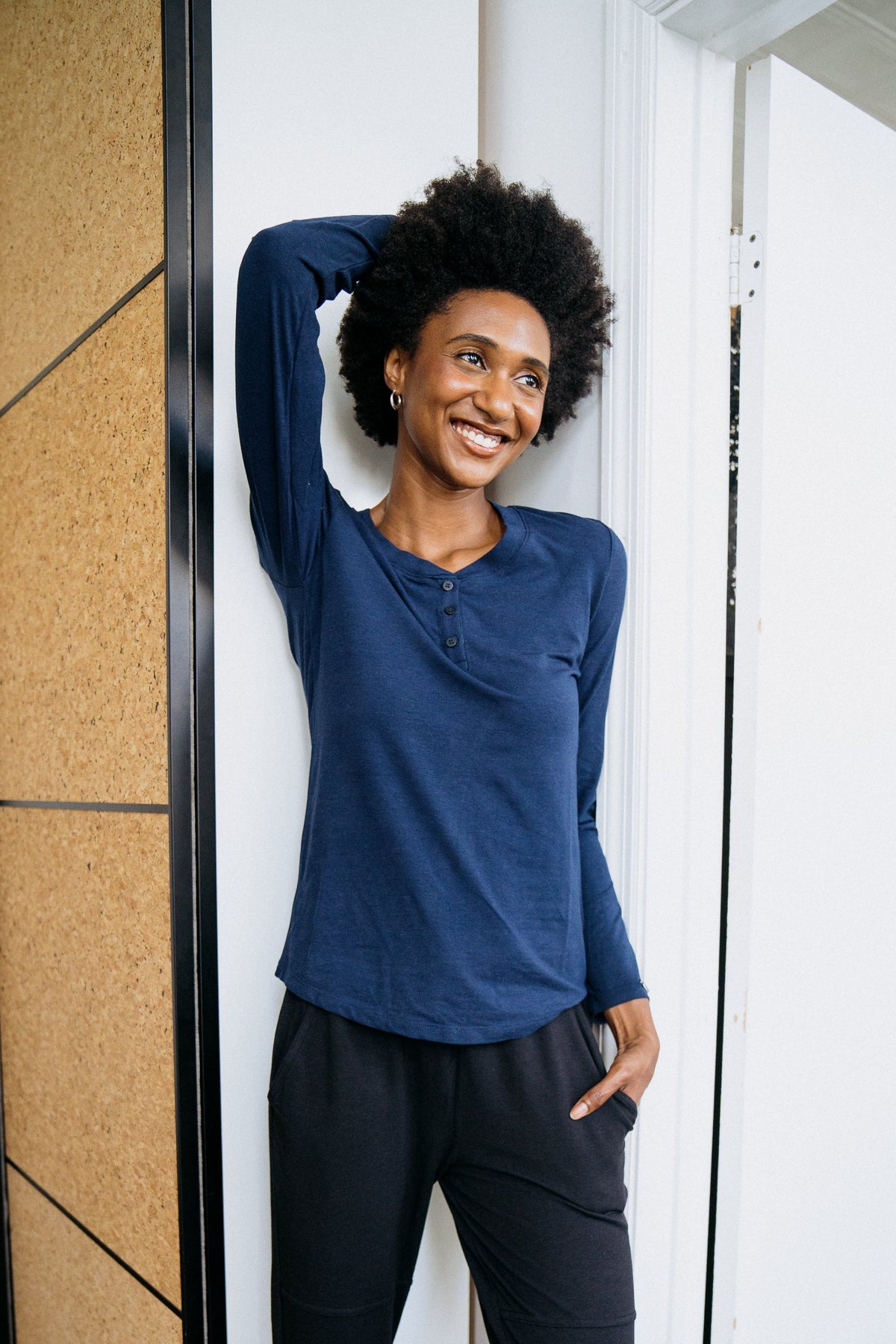 Two Blind Brothers - Womens Women's Long Sleeve Relaxed Fit Henley Navy