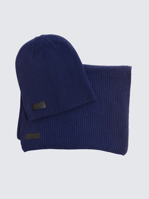 Beanie & Scarf Ribbed Knit Set in Navy