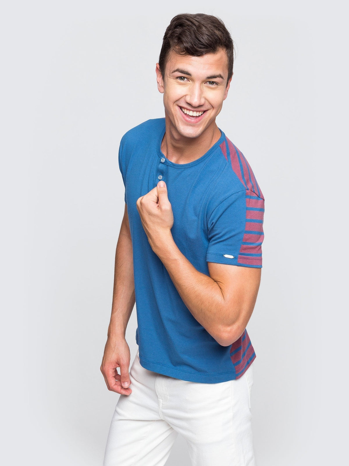 Two Blind Brothers - Mens Men's SS Henley Striped Blue-and-Rose-Stripe