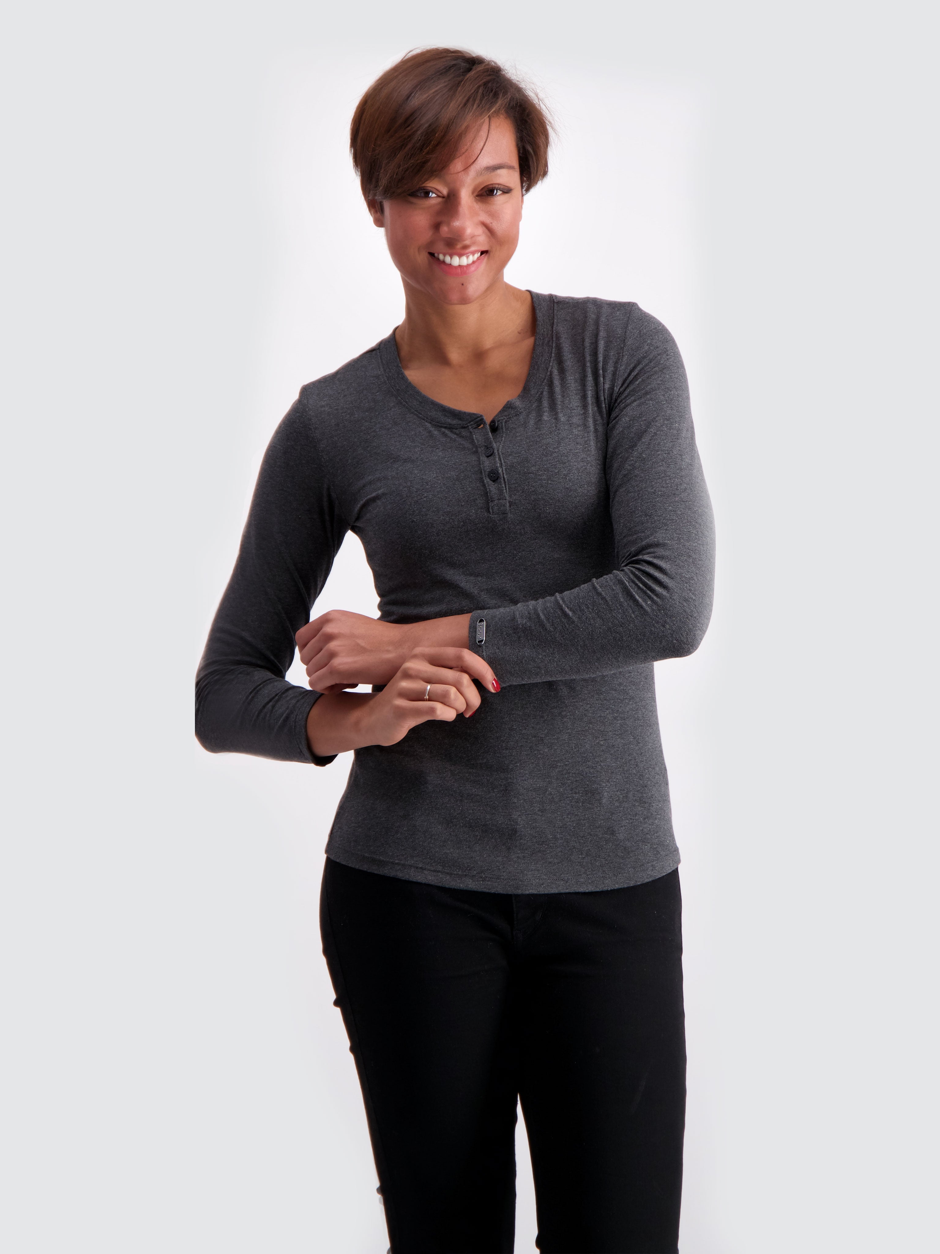 Two Blind Brothers - Womens Women's Long Sleeve Relaxed Fit Henley Charcoal
