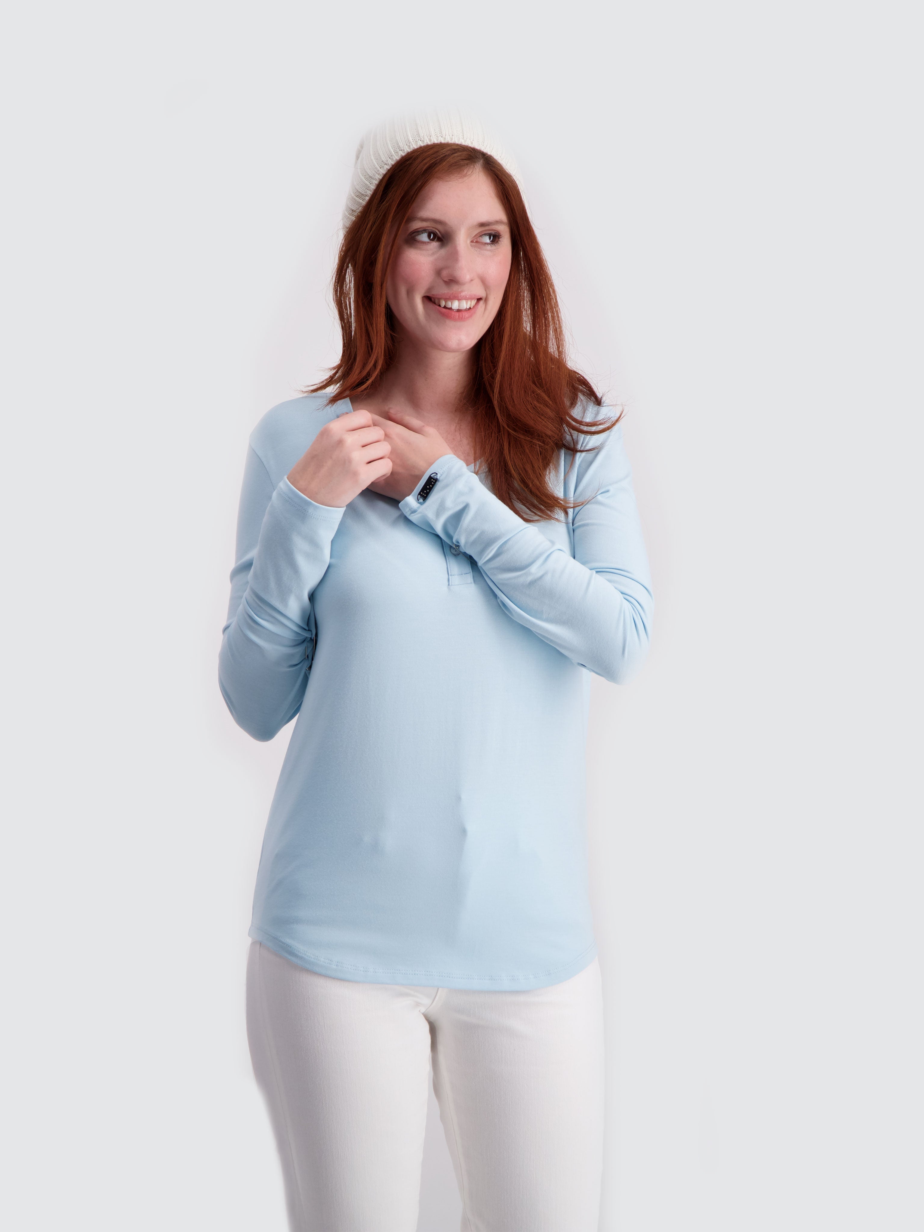 Two Blind Brothers - Womens Women's LS Relaxed Fit Henley Light-Blue