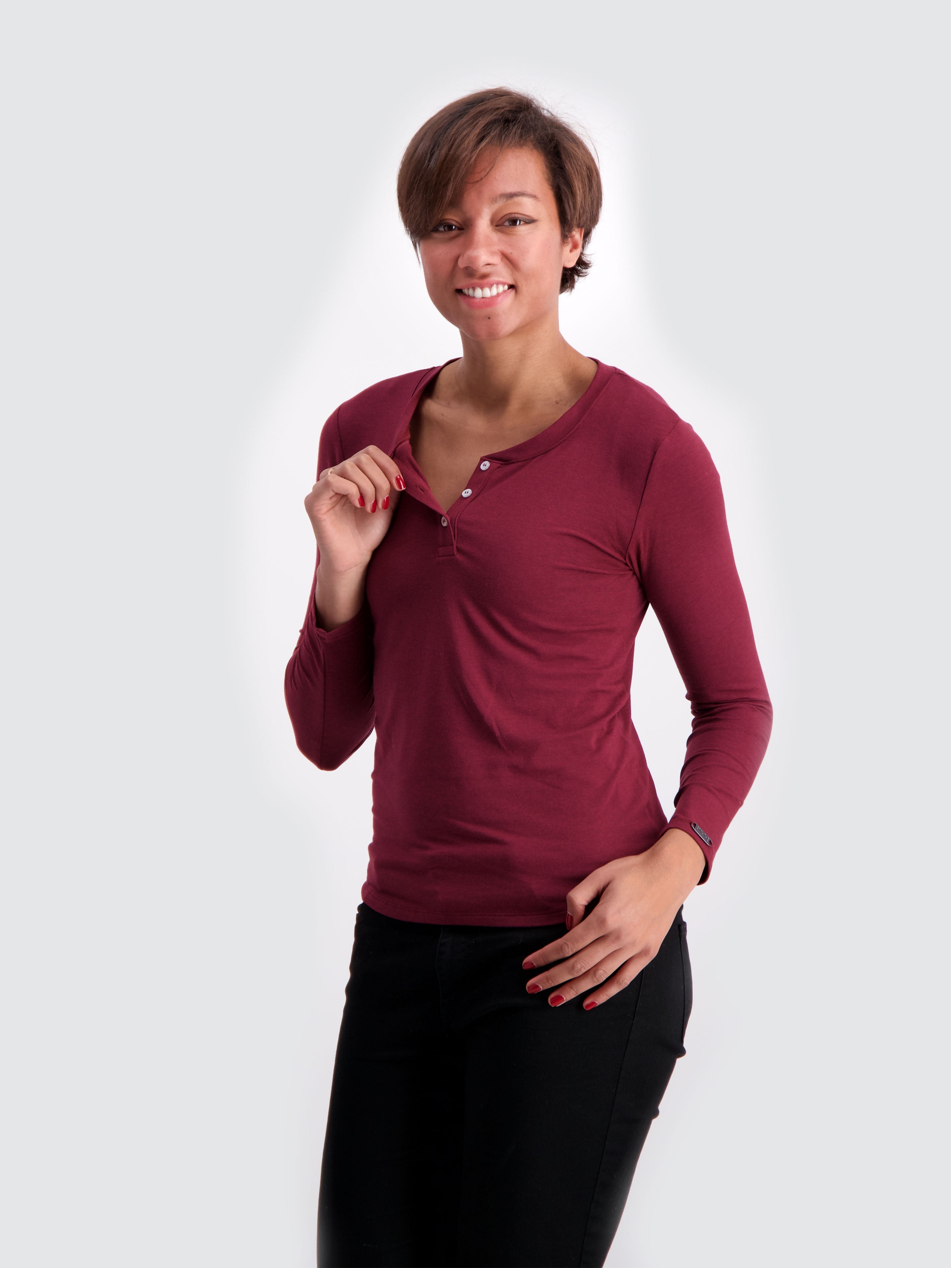 Two Blind Brothers - Womens Women's LS Relaxed Fit Henley Maroon