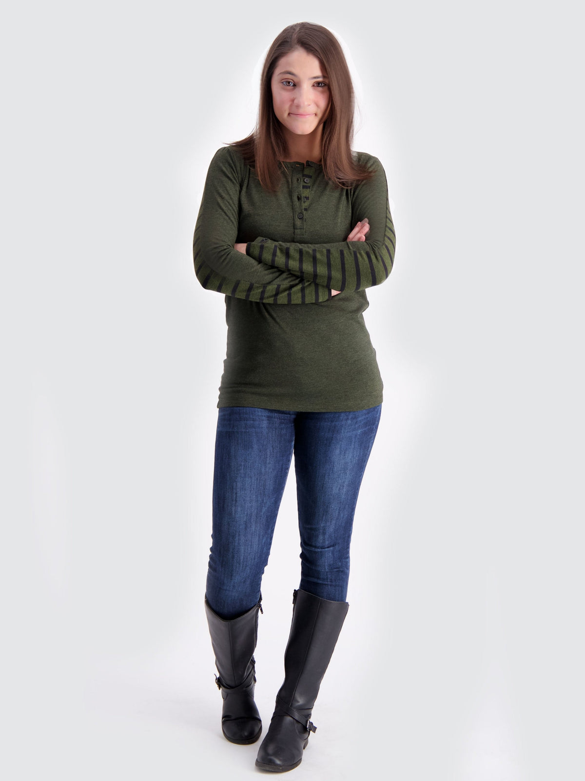 Two Blind Brothers - Womens Women's Long Sleeve Striped Henley Forest-and-Black-Stripe