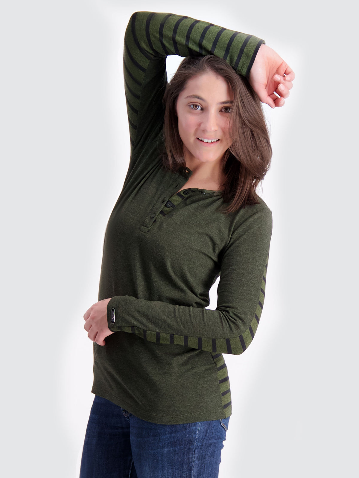 Two Blind Brothers - Womens Women's Long Sleeve Striped Henley Forest-and-Black-Stripe