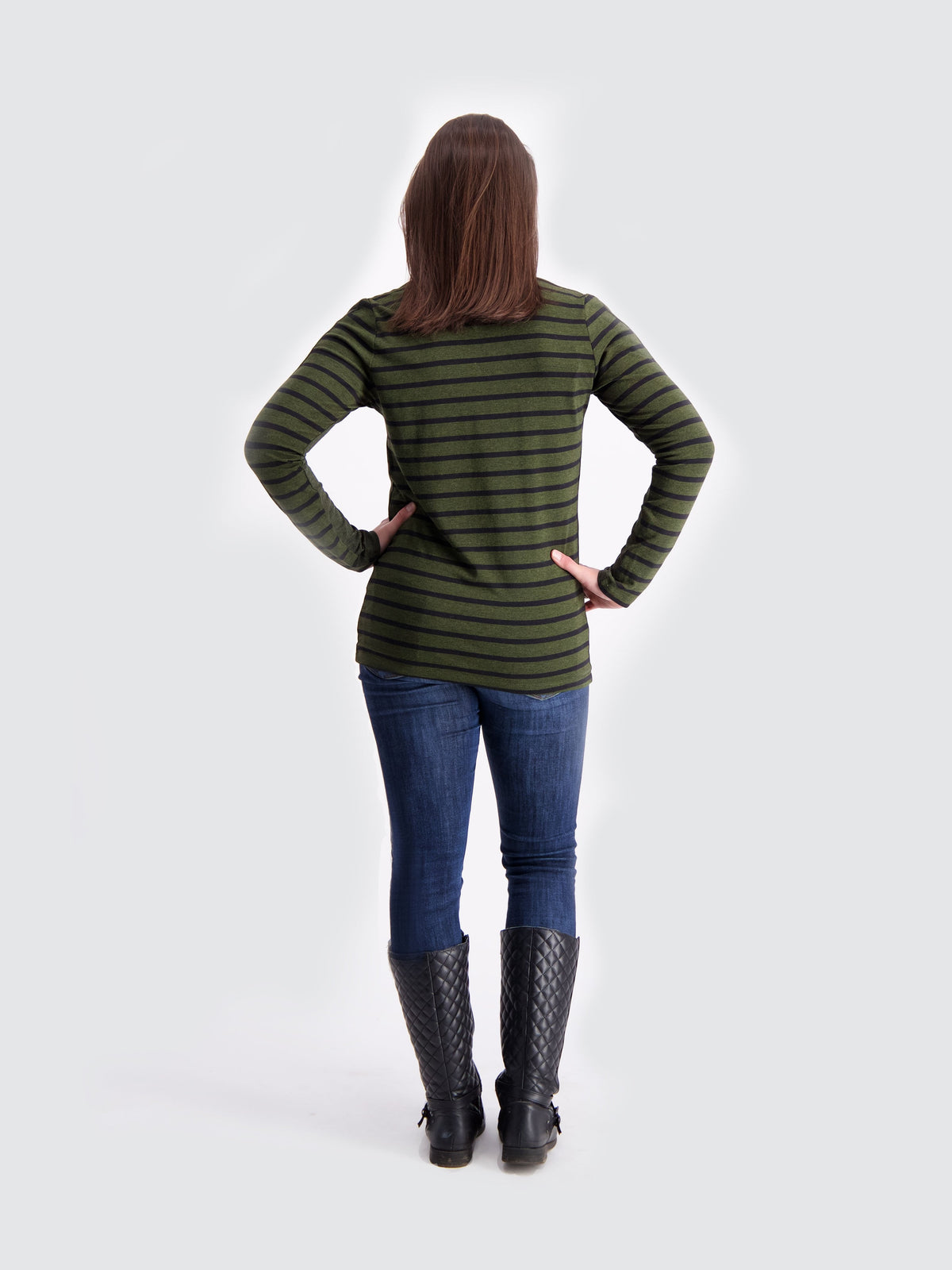 Two Blind Brothers - Womens Women's Long Sleeve Striped Henley Forest-and-Black-Stripe