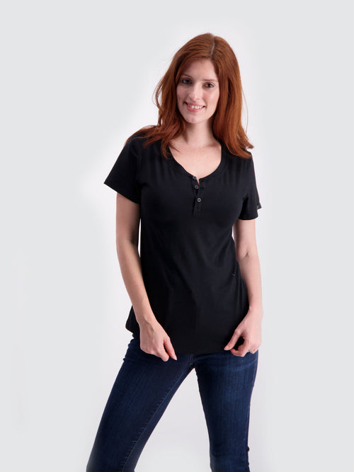 Women's Short Sleeve Henley in Black