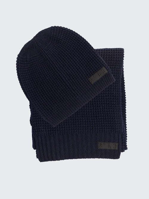 Waffle Knit Beanie & Scarf Set in Navy