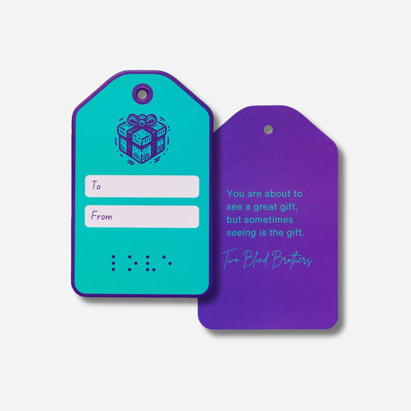 Blue and Purple Gift Box Lovetags with LOVE in braille.